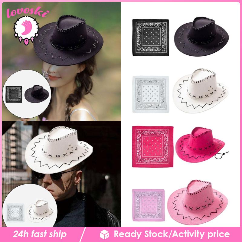 Mũ Cao Bồi Kèm Khăn Bandana Và Dây Buộc Màu Đen Cho Tiệc Tùng