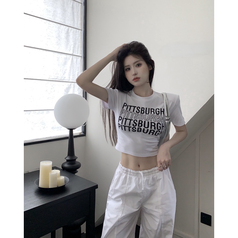 Áo Croptop Ngắn Tay In Chữ Phong Cách Thời Trang Cho Nữ