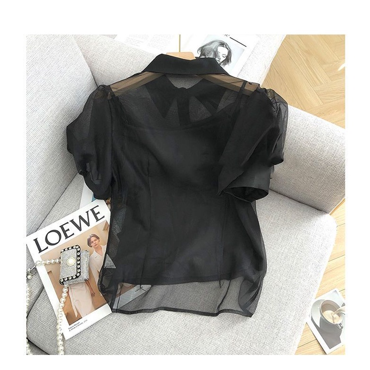 Áo Sơ Mi Tay Ngắn Phồng Trong Suốt Màu Đen Thời Trang Mùa Hè 2023 Cho Nữ