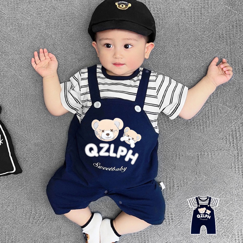Áo Liền Quần Bằng Cotton Tay Ngắn Họa Tiết Kẻ Sọc Phong Cách Hàn Quốc Thời Trang Mùa Hè Cho Bé Trai / Gái 0-24 Tháng Tuổi