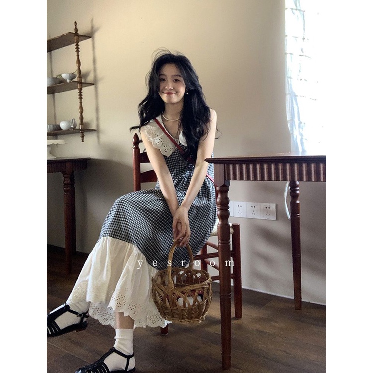 Đầm Dài Không Tay Cổ Búp Bê Họa Tiết Sọc Caro Ngọt Ngào Thời Trang Mùa Hè Theo Phong Cách Pháp Cho