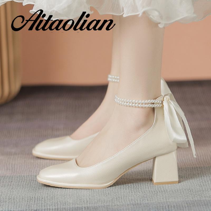 Giày Cao Gót 5cm Da Mềm Mũi Vuông Đính Ngọc Trai Kiểu retro Anh Dễ Thương Cho Nữ