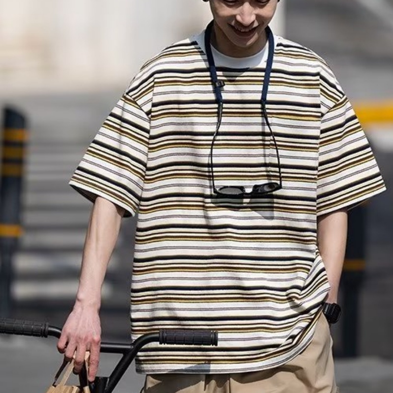 Áo Thun Cotton Ngắn Tay Họa Tiết Kẻ Sọc Thời Trang Mùa Hè Mẫu Mới Dành Cho Nam