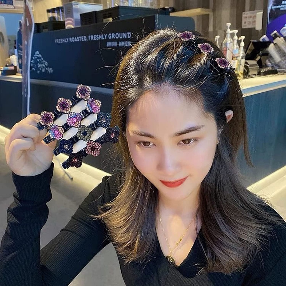 Set 4 Kẹp Tóc Mỏ Vịt Vải Satin Bện Hai Lớp Đính Đá Lấp Lánh Thời Trang