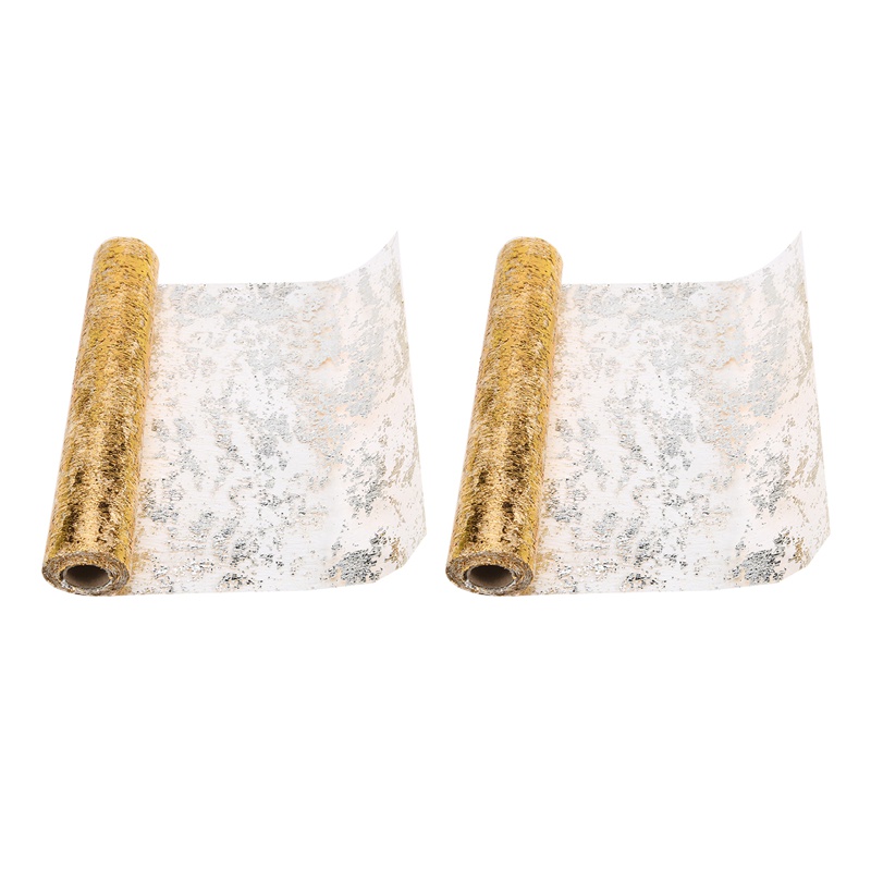 Bộ 2 Cuộn Ruy Băng Polyester Phối Lá Vàng Lấp Lánh Trang Trí Bàn Tiệc Giáng Sinh