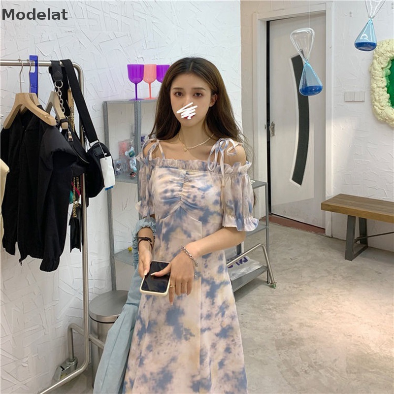 Đầm Ngắn Trễ Vai Viền Bèo In Họa Tiết MFC Thời Trang Mùa Hè Cho Nữ