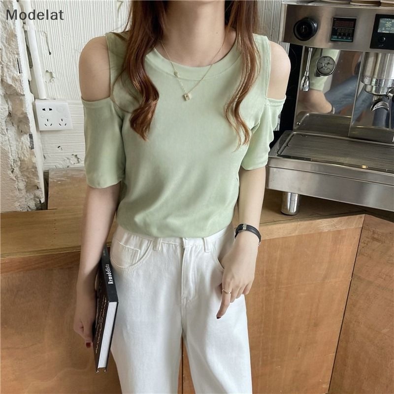 Áo Thun Tay Ngắn Cổ Tròn Hở Vai Màu Trơn Thời Trang Mùa Hè Cho Nữ