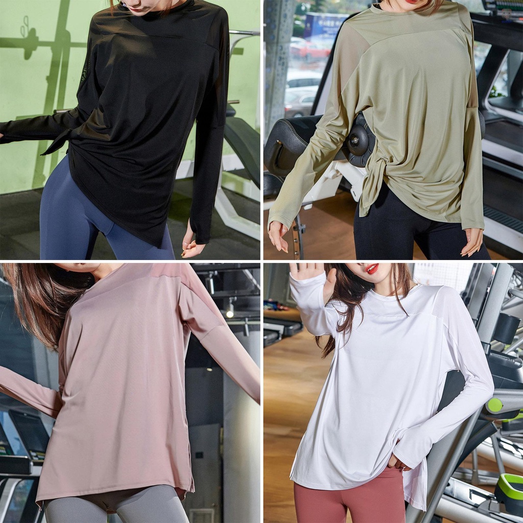 Áo Thun Thể Thao Tay Dài Cổ Tròn Phối Lưới Thoáng Khí Khô Nhanh Chống Ẩm Cho Nữ