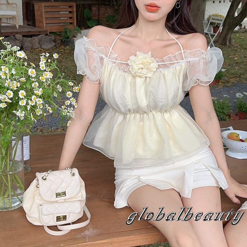 Áo Croptop Trễ Vai Tay Ngắn Họa Tiết Hoa Thời Trang Mùa Hè Cho Nữ