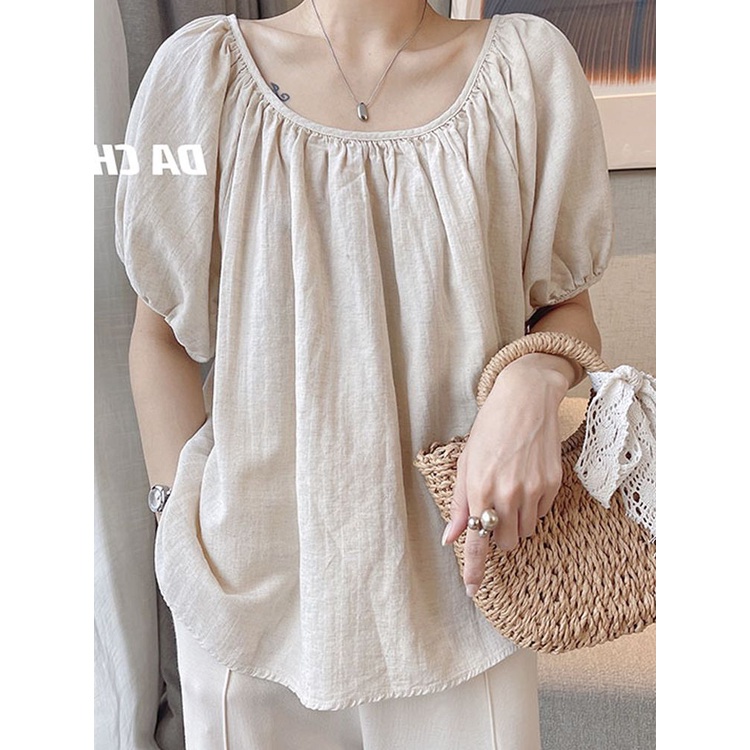 Áo Thun Cotton Lanh Mỏng Tay Ngắn Cổ Một Hàng Nút Dáng Rộng Thời Trang Mùa Hè 2023 Mới Cho Nữ