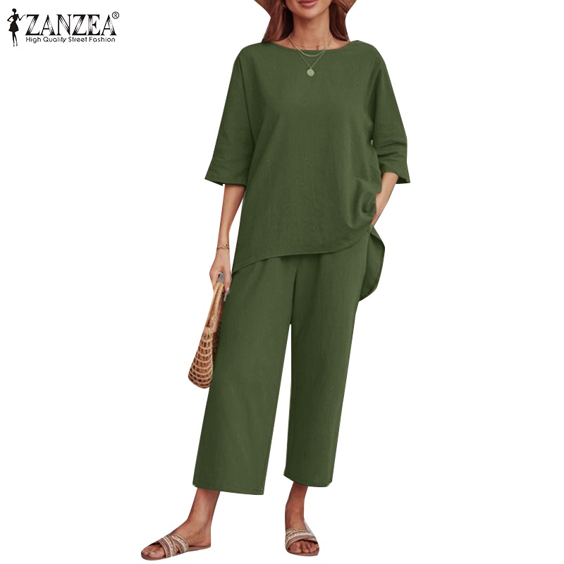 Bộ đồ ZANZEA gồm áo tay lửng cổ tròn phối quần dài lưng cao có túi phong cách cổ điển thời trang cho nữ