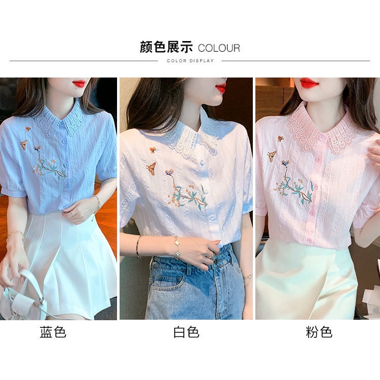 Áo Sơ Mi Cotton Mỏng Tay Ngắn Thêu Họa Tiết Thời Trang Mùa Hè 2023 Cho Nữ