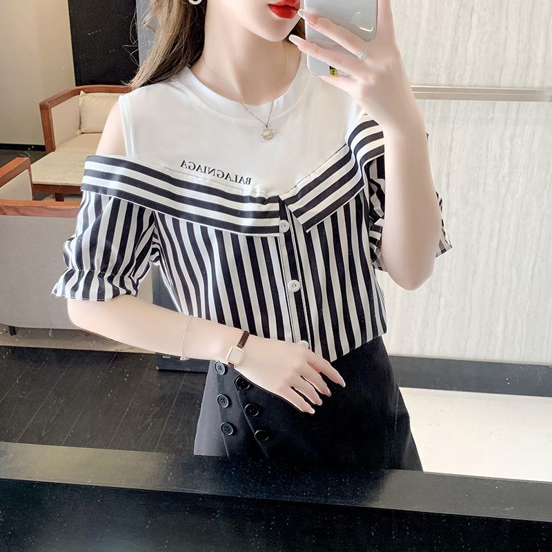 Áo Thun Ngắn Tay Giả Hai Lớp Họa Tiết Sọc Thời Trang Dành Cho Nữ
