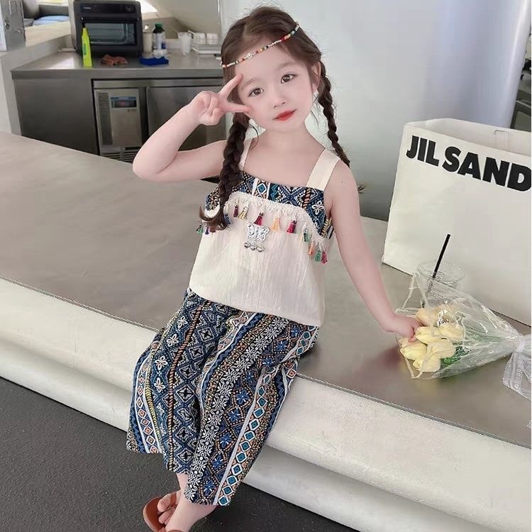 Set Áo Hai Dây Thêu Họa Tiết Thổ Cẩm + Quần Thời Trang Cho Bé Gái