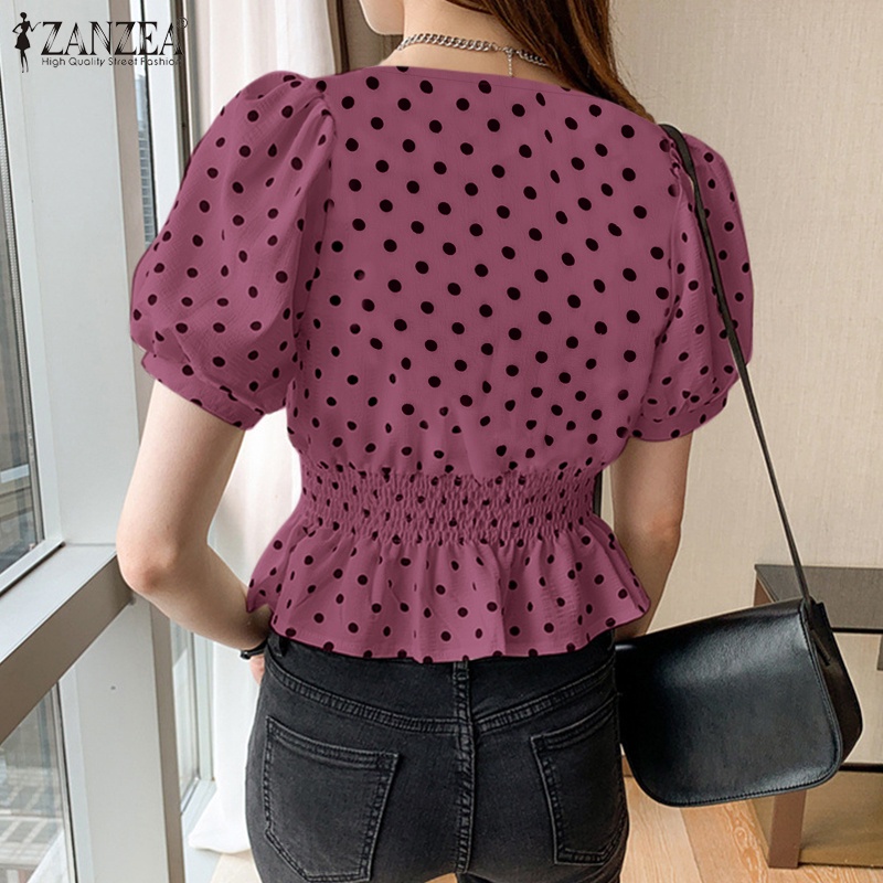 ZANZEA Áo Kiểu Cổ Vuông Tay Phồng Lưng Thun Thời Trang Hàn Quốc Cho Nữ