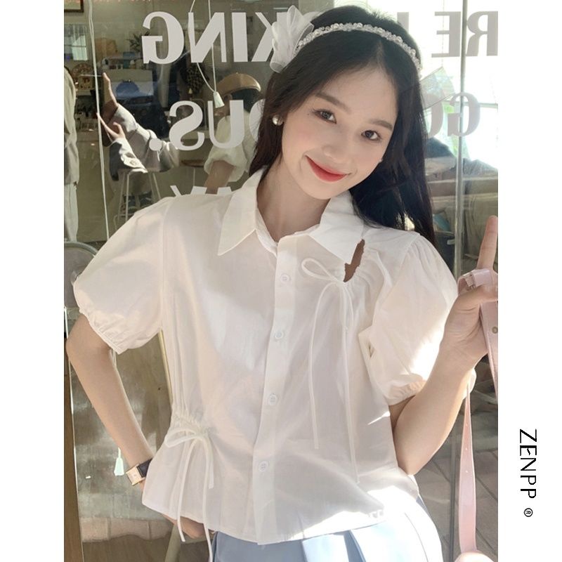 Áo Thun Ngắn Tay Dáng Rộng Phối Dây Rút Thời Trang Mùa Hè Dễ Thương