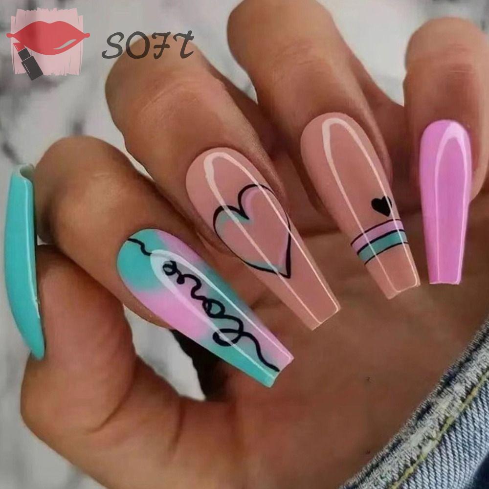 Bộ 24 Móng Tay Giả SOFTNESS Màu Gradient Họa Tiết Trái Tim Bảo Vệ Toàn Diện Có Thể Tháo Rời