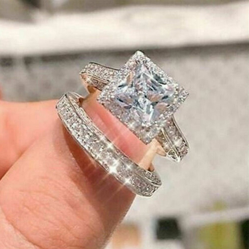 Bộ Nhẫn Đính Hôn Đính Đá Zircon Hình Vuông Phong Cách Công Chúa Sang Trọng Dành Cho Nữ