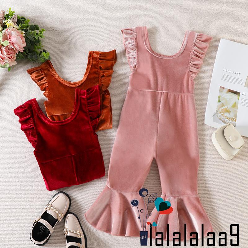 Áo Liền Quần Bằng Nhung Ống Loe Thời Trang Thu Đông Cho Bé Gái