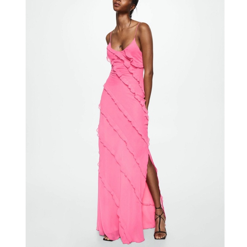 Xiangbao Đầm Hai Dây Tua Rua Hở Lưng Màu Trơn Quyến Rũ