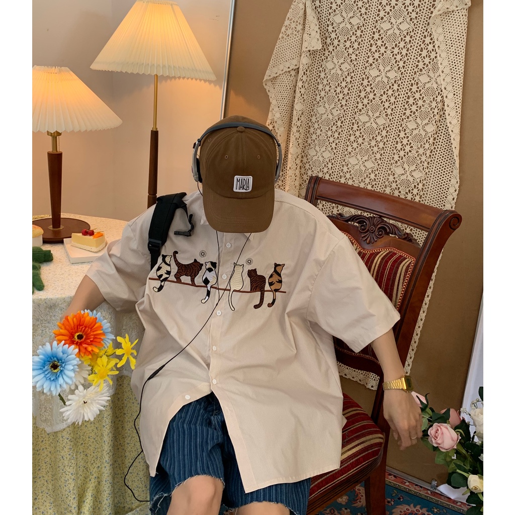 Áo Sơ Mi Ngắn Tay Thêu Họa Tiết Mèo Phong Cách Retro Hong Kong Cho Cặp Đôi