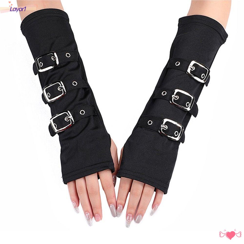 Layor1 Găng Tay Hở Ngón Màu Đen Phong Cách Harajuku Gothic
