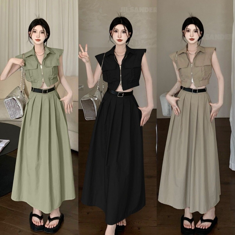 Bộ Áo Vest + Chân Váy Lưng Cao Phong Cách Retro Mỹ