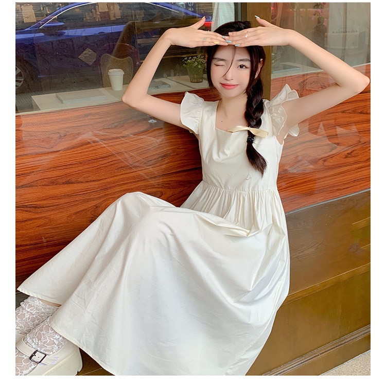 Đầm Dáng Chữ A Cổ Vuông Tay Bay Màu Trơn Phong Cách Hàn Quốc Thời Trang Mùa Hè Mới Cho Nữ