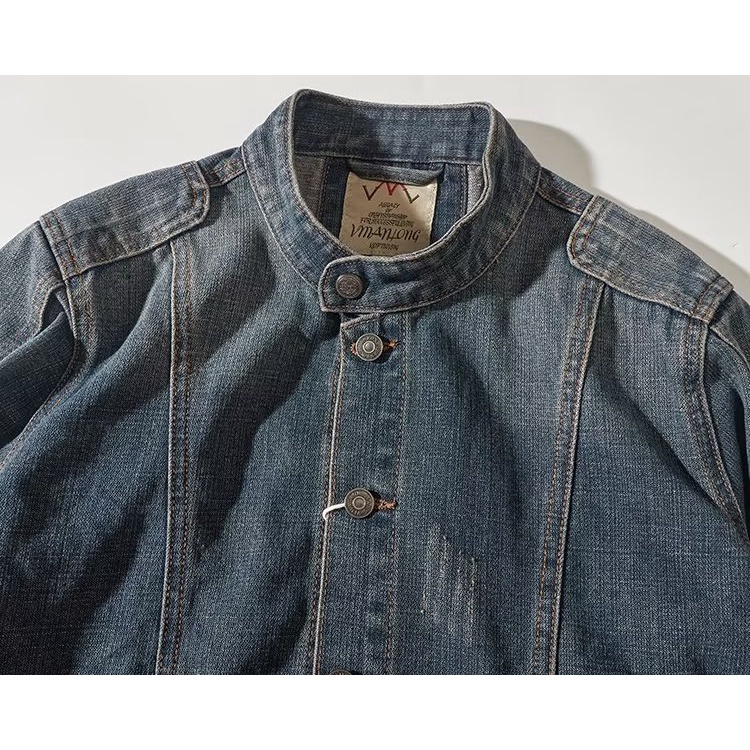 Áo Khoác Denim Cổ Đứng Phối Khóa Độc Đáo Phong Cách Retro Cho Nam