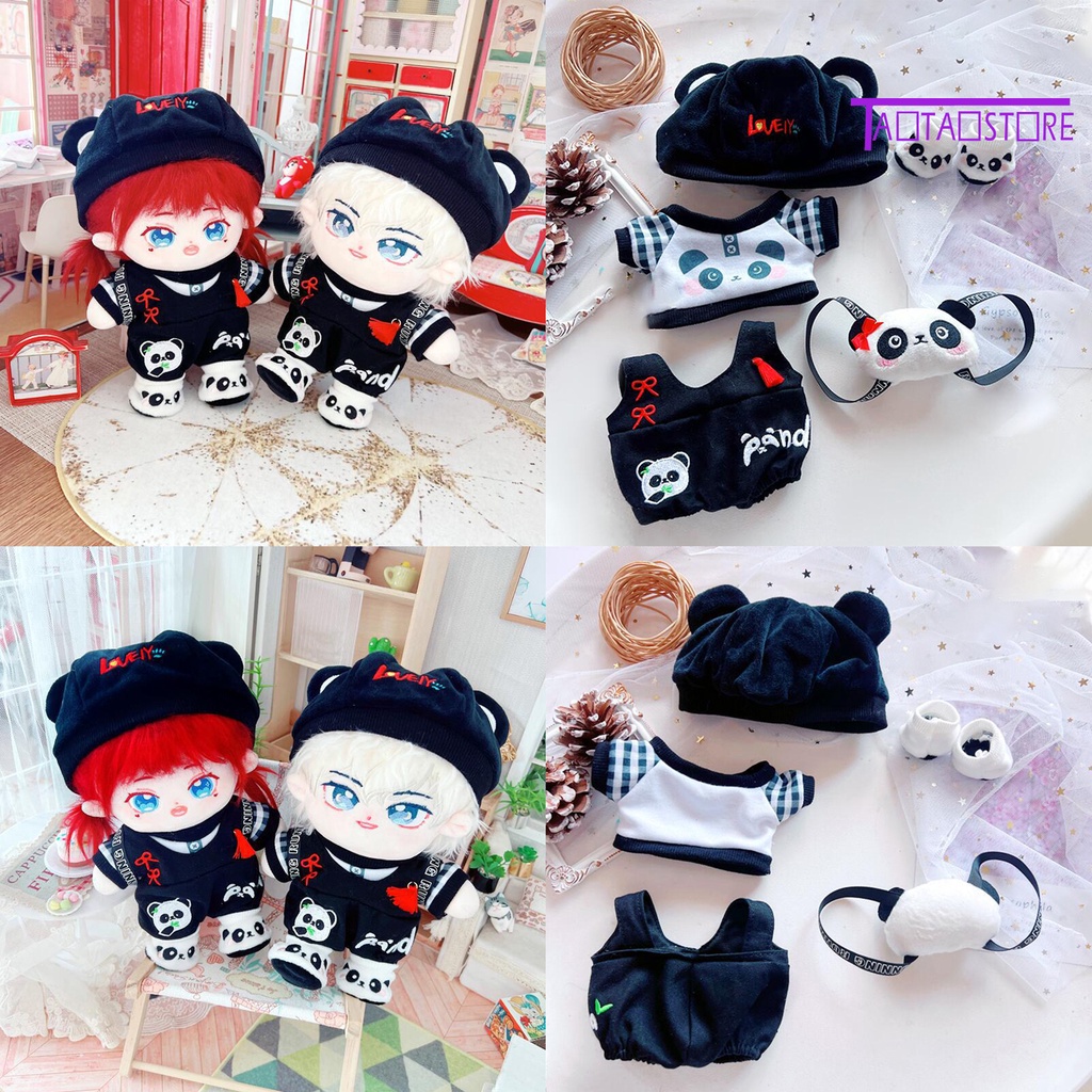 Bộ 5 Món Áo Thun Cotton + Giày + Nón Thêu Họa Tiết Gấu Trúc Xinh Xắn Cho Búp Bê 20cm