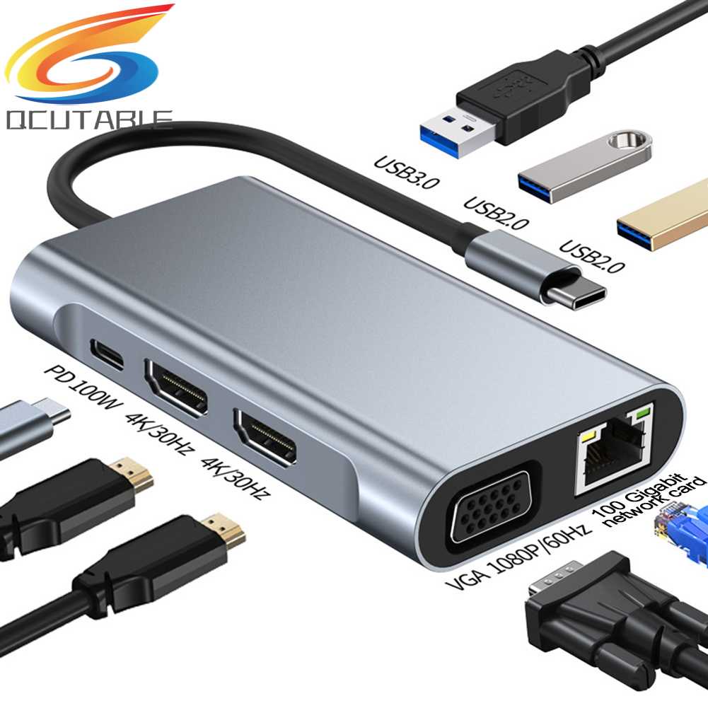 Bộ Chia Cổng Type-C 8 Trong 1 1080P 5GMbps 4K 30hz RJ45 100M 100W PD Chất Lượng Cao