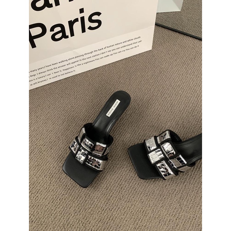 Dép Sandal Cao Gót Mũi Vuông Hở Ngón Quai Dệt Đơn Giản Phong Cách Retro Pháp Cho Nữ