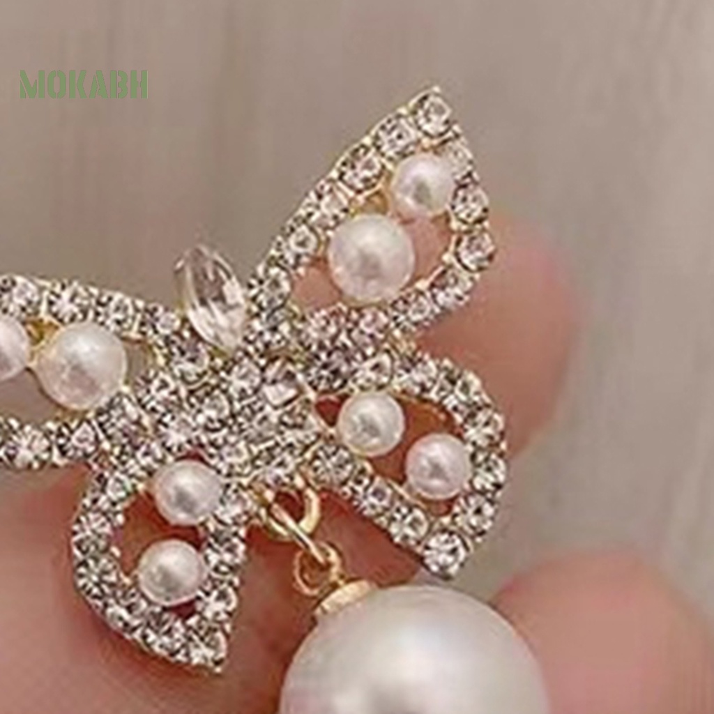 [Mới] 1 Cặp Bông Tai Thả Hình Bướm Rỗng Đính Kim Cương Giả Và Ngọc Trai Phong Cách Pháp Thanh Lịch