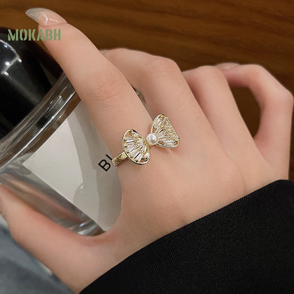 [Mới] Nhẫn Đeo Ngón Trỏ Hình Nơ Rỗng Đính Đá Zircon Trọng Lượng Nhẹ Có Thể Điều Chỉnh Trang Sức Cho Nữ