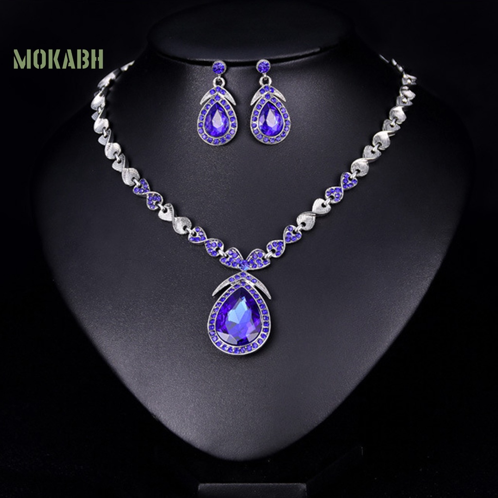 1 Bộ Vòng cổ + Bông Tai Đính Kim Cương Giả Hình Giọt Nước Lấp Lánh Sang Trọng