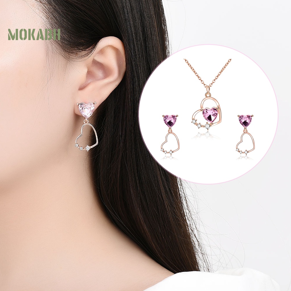 1 Set Vòng cổ Và Bông Tai Mặt Trái Tim Đính Đá Thời Trang
