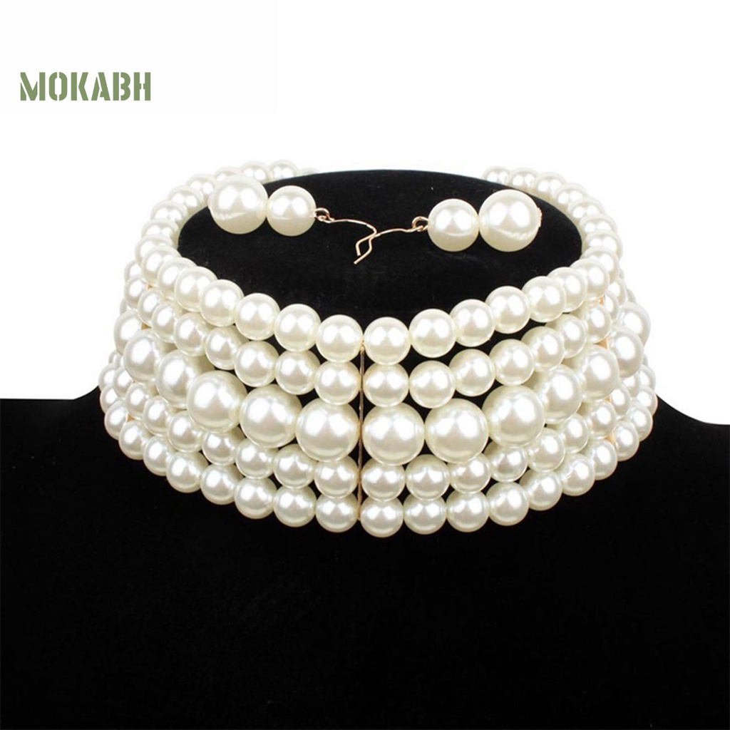 Bộ Vòng cổ + Bông Tai Nhiều Lớp Đính Hạt Ngọc Trai Giả Thời Trang Cho Nữ