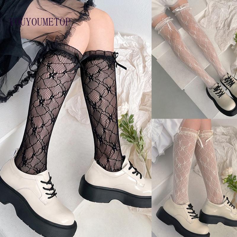 Youyo Vớ Lưới Dài Qua Gối Phối Ren Ruy Băng Thắt Nơ In Hoa Phong Cách Lolita Ngọt Ngào Cho Nữ Có Sẵn