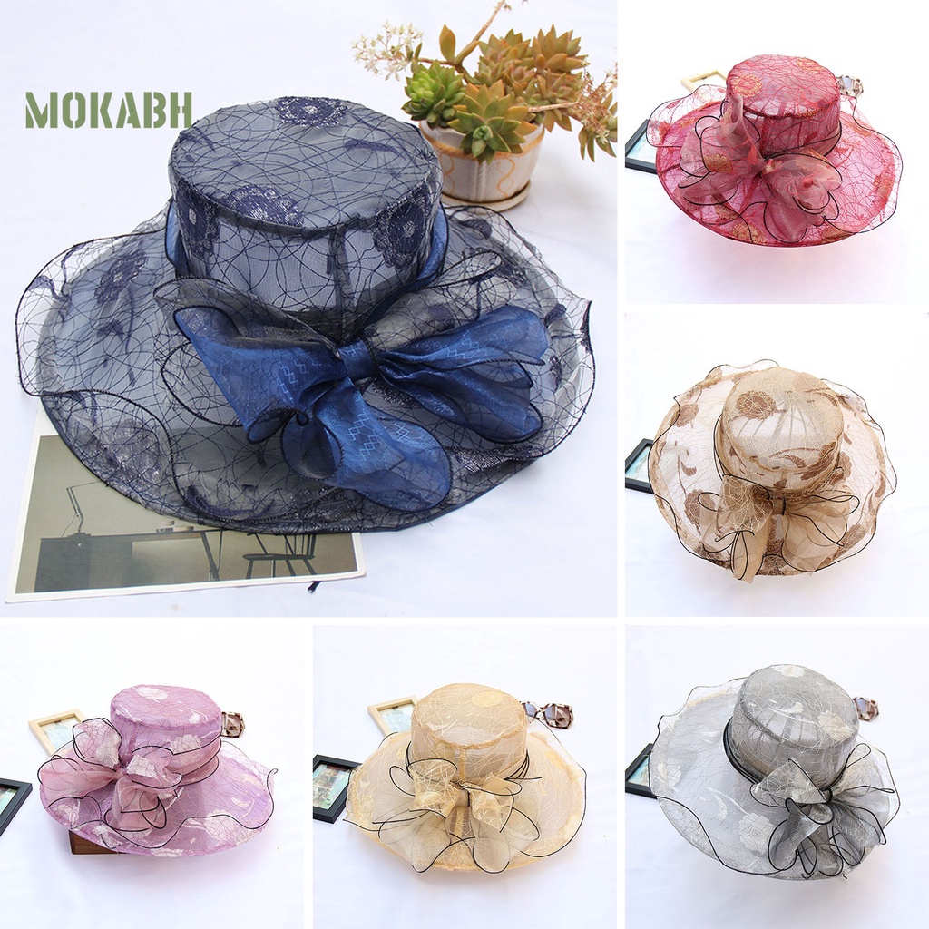 [Mok Abh] Mũ Rộng Vành Vải Hoa Nhìn Xuyên Thấu Viền Gợn Sóng Sang Trọng Thắt Nơ Sang Trọng Cho Nữ Đi Biển