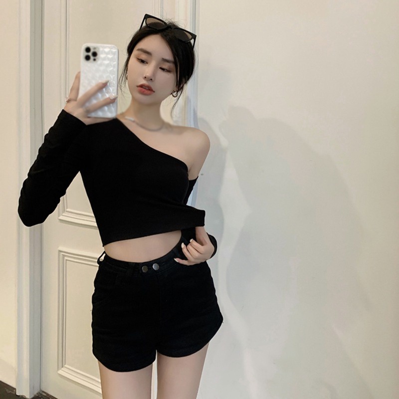 Áo Thun Borip Lụa Cổ Tròn Lệch 1 Bên Vai Tay Dài Siêu Xinh TTSLA1219
