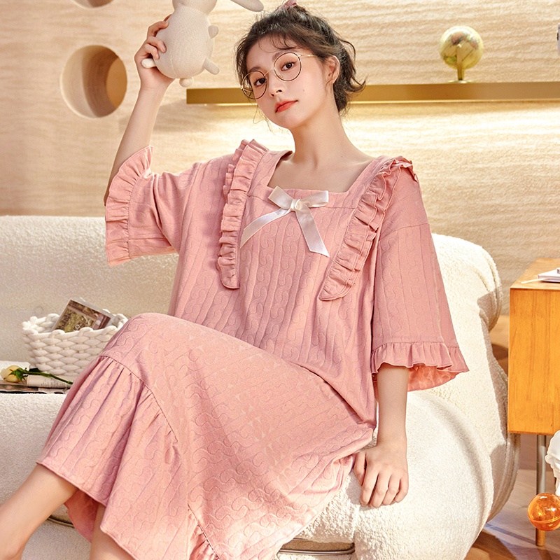 Đầm Ngủ Tay Ngắn Dáng Rộng Vải Jacquard Mỏng Thời Trang Xuân Hè Xinh Xắn Cho Nữ