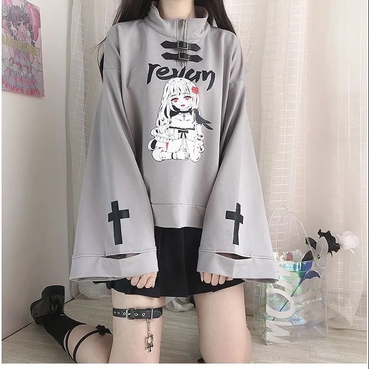Bộ Áo Khoác Mỏng Tay Dài + Chân Váy Chữ A Lưng Cao Xếp Ly Màu Đen In Họa Tiết Anime Nhật Bản