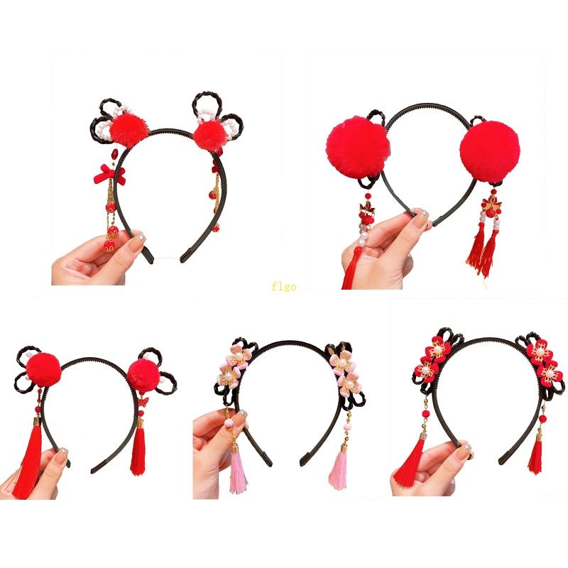 Băng Đô Cài Tóc Đính Bông Tua Rua Phong Cách Trung Hoa Cổ Điển Mừng Năm Mới Cho Bé