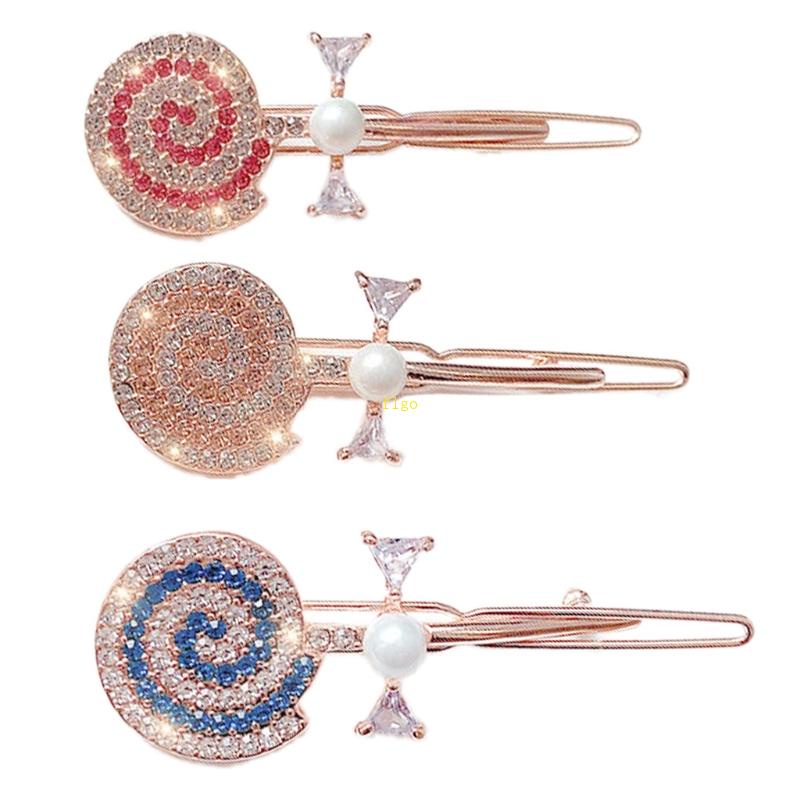 Kẹp Tóc Kẹo Mút Đính Đá &amp; Ngọc Trai Giả Bằng Kim Loại Kiểu Hàn Quốc Dễ Thương Cho Nữ