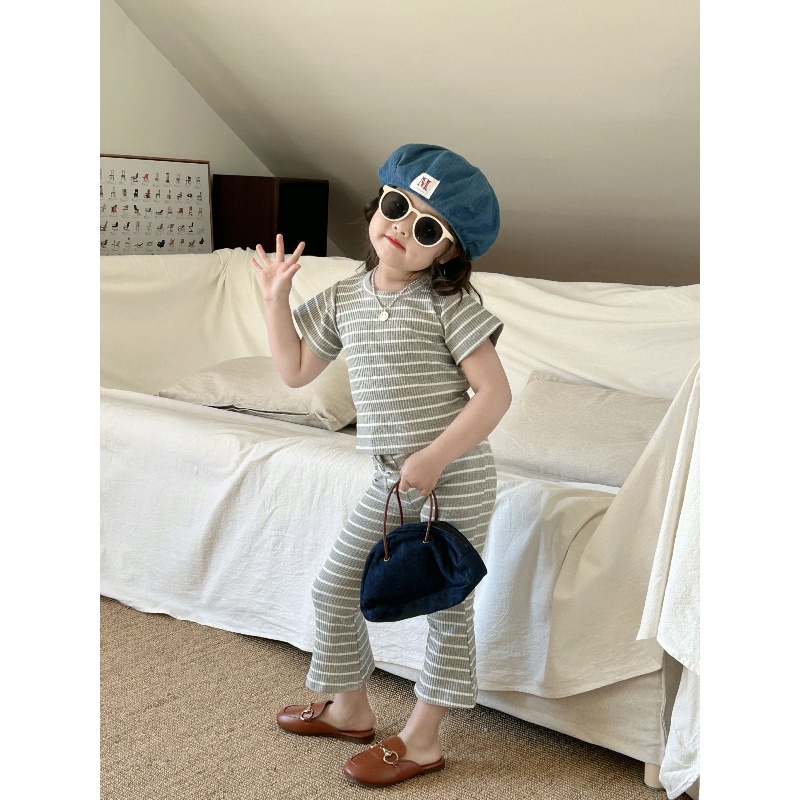 Bộ Áo Thun Kẻ Sọc + Quần Co Giãn Phong Cách Hàn Quốc Dễ Thương Cho Bé Gái