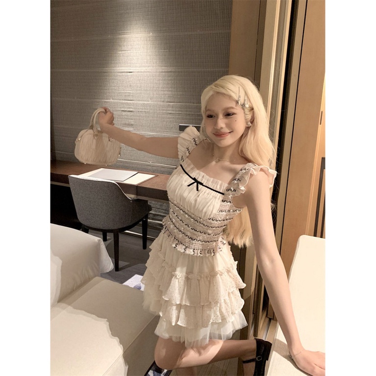 Set Áo Ngắn Tay + Chân Váy Lưới Đính Kim Sa Lấp Lánh Thời Trang Nữ