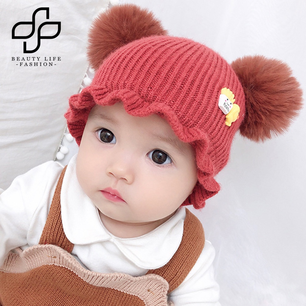 Mũ Len Beanie Đính Quả Cầu Lông Xù Giữ Ấm Tai Thời Trang Dành Cho Bé