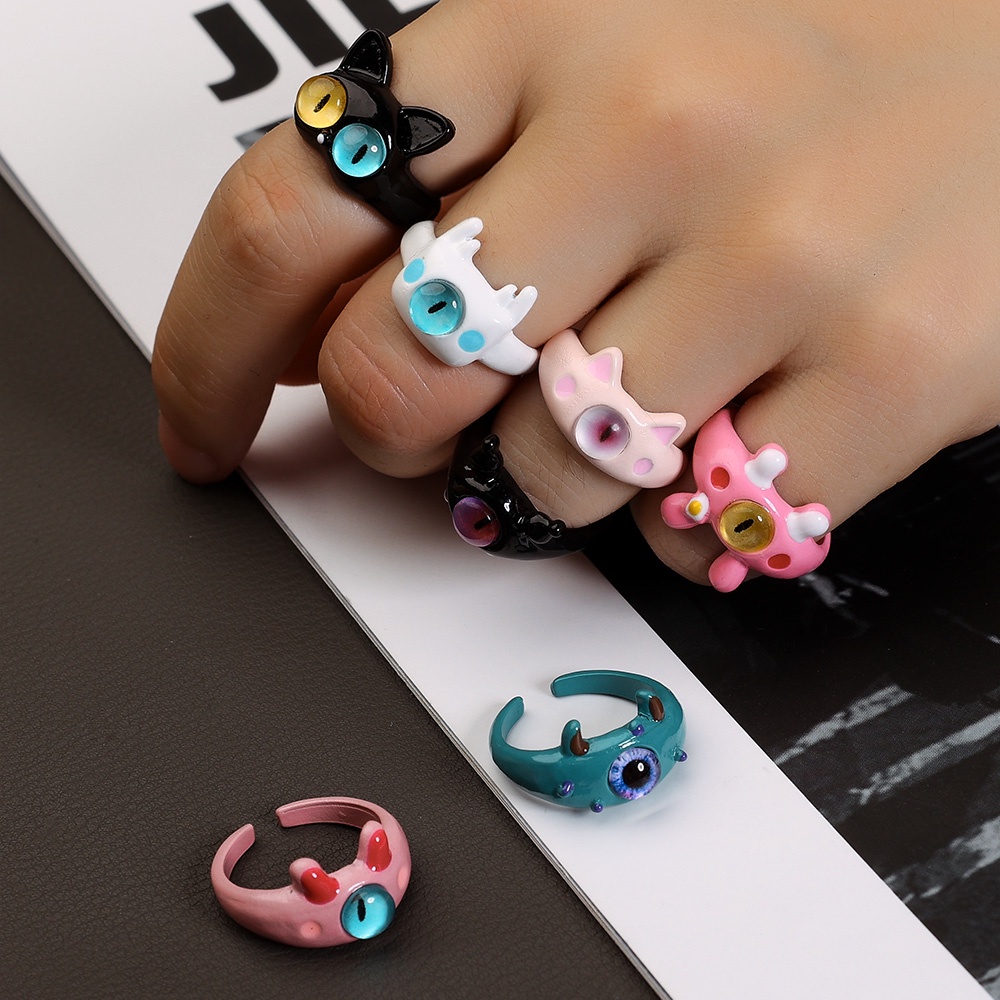 Nhẫn Hở Hình Mèo Đen / Xanh Lá / Mắt Mèo Hai Màu Vui Nhộn Thời Trang Cho Cặp Đôi