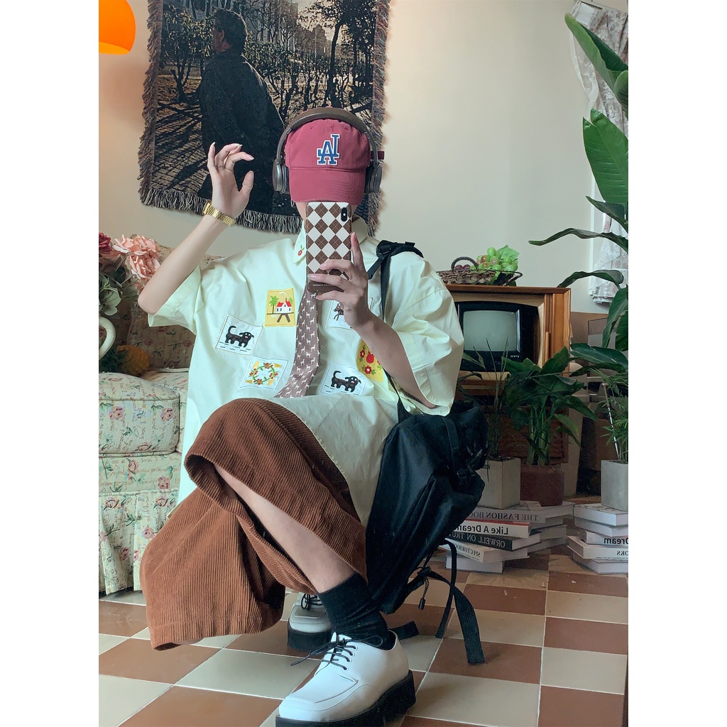 Áo Sơ Mi Tay Ngắn C2 Thêu Họa Tiết Phong Cách Đường Phố Cổ Điển Thời Trang Mùa Hè Cho Cặp Đôi