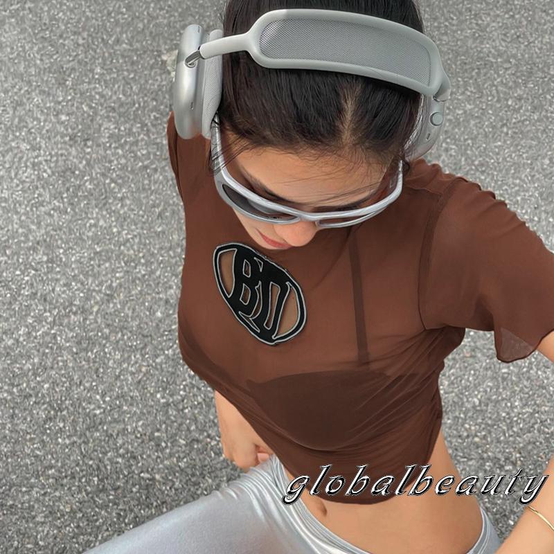 Áo Croptop Tay Ngắn Cổ Tròn Phối Lưới Thêu Chữ Phong Cách Đường Phố Cho Nữ